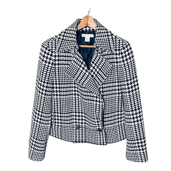 Liz Claiborne wool blend houndstooth button pea coat SZ L white black - Picture 1 of 8